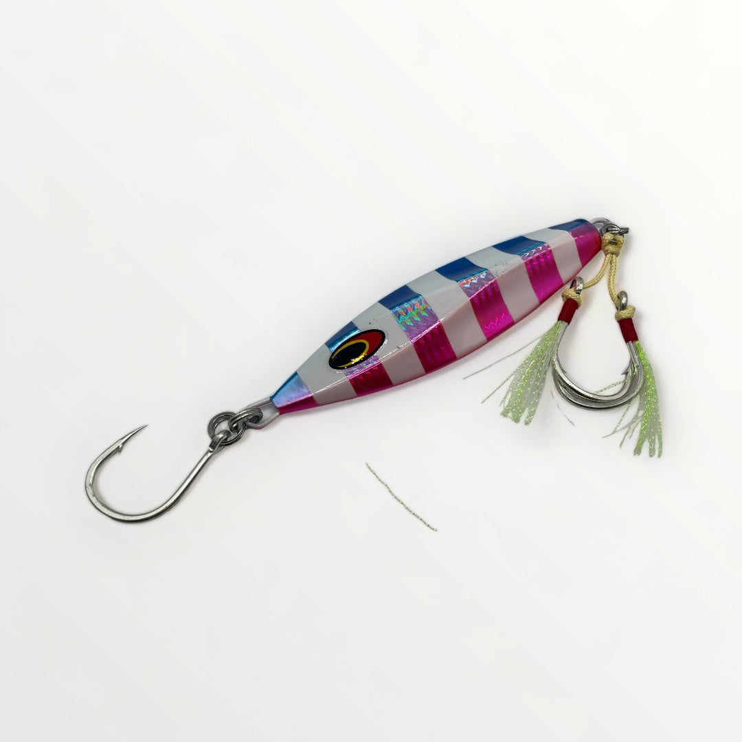 Jig de pêche de couleur RAINBOW TROUT rose et bleu à rayures blanches avec hameçons en stainless.