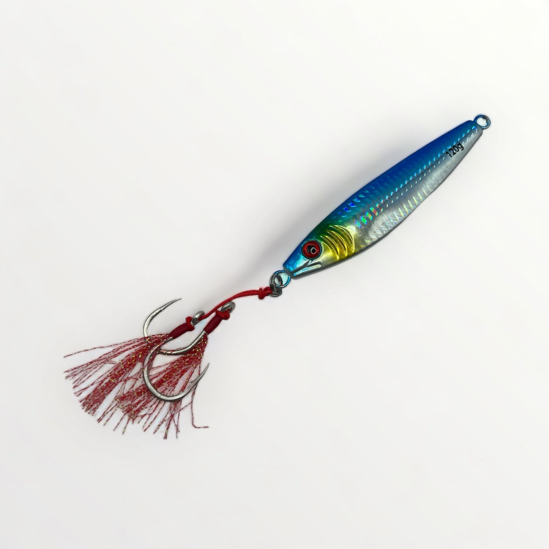 Vue de côté du JIG LUMINOUS SNAKE de couleur SMELT MINNOW avec hameçons double en stainless.