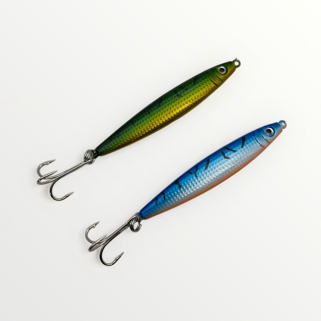 2 jigs verticaux poissons maquereaux dans les teintes de verts et teintes bleues argentées.