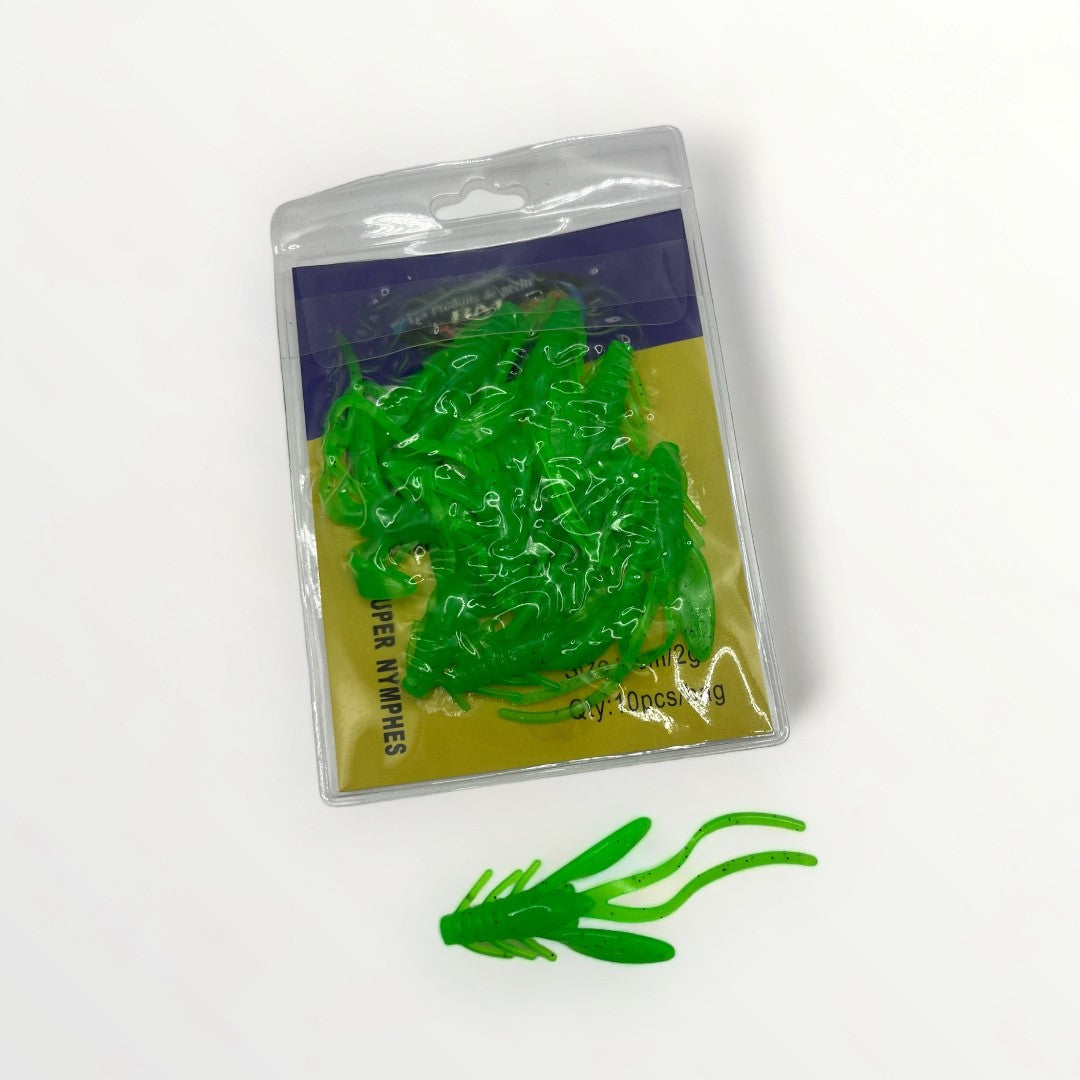 Vue de dessus d'un leurre souple SUPER NYMPHES couleur vert fluo avec son emballage de 10 pièces.
