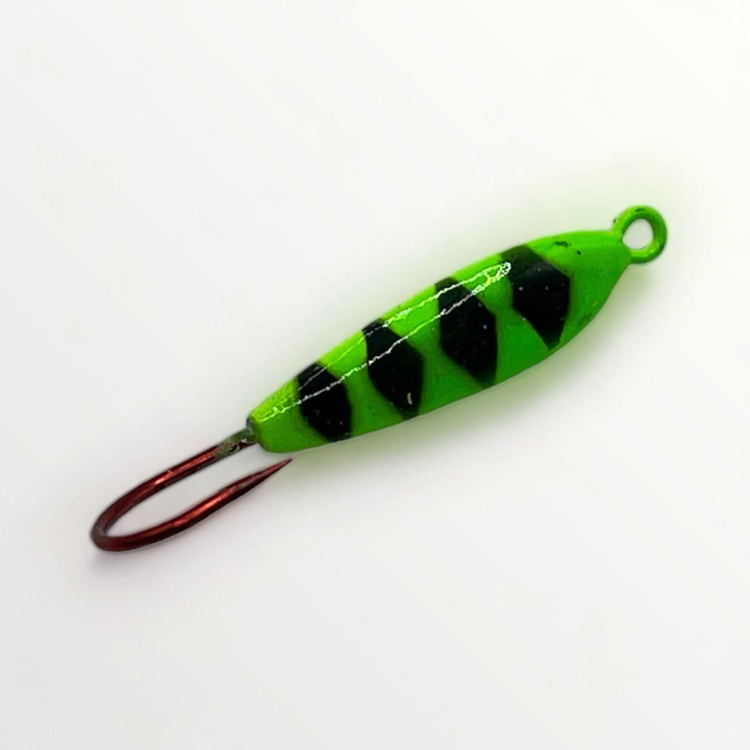 Image d'une ICE TEARS JIG de couleur FIRE TIGER verte avec ligne noire.