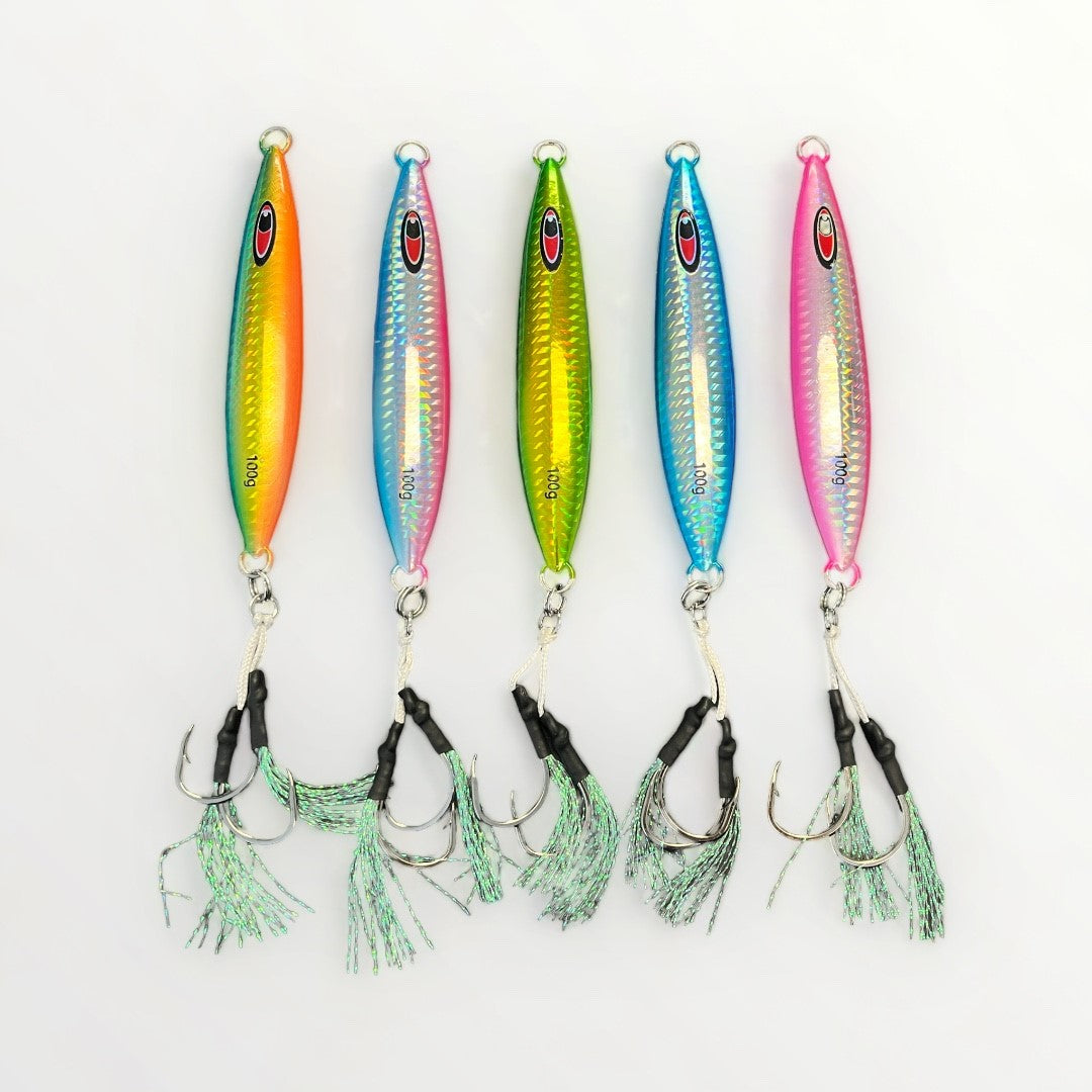 5 jigs de pêche de couleurs holographiques diverses.
