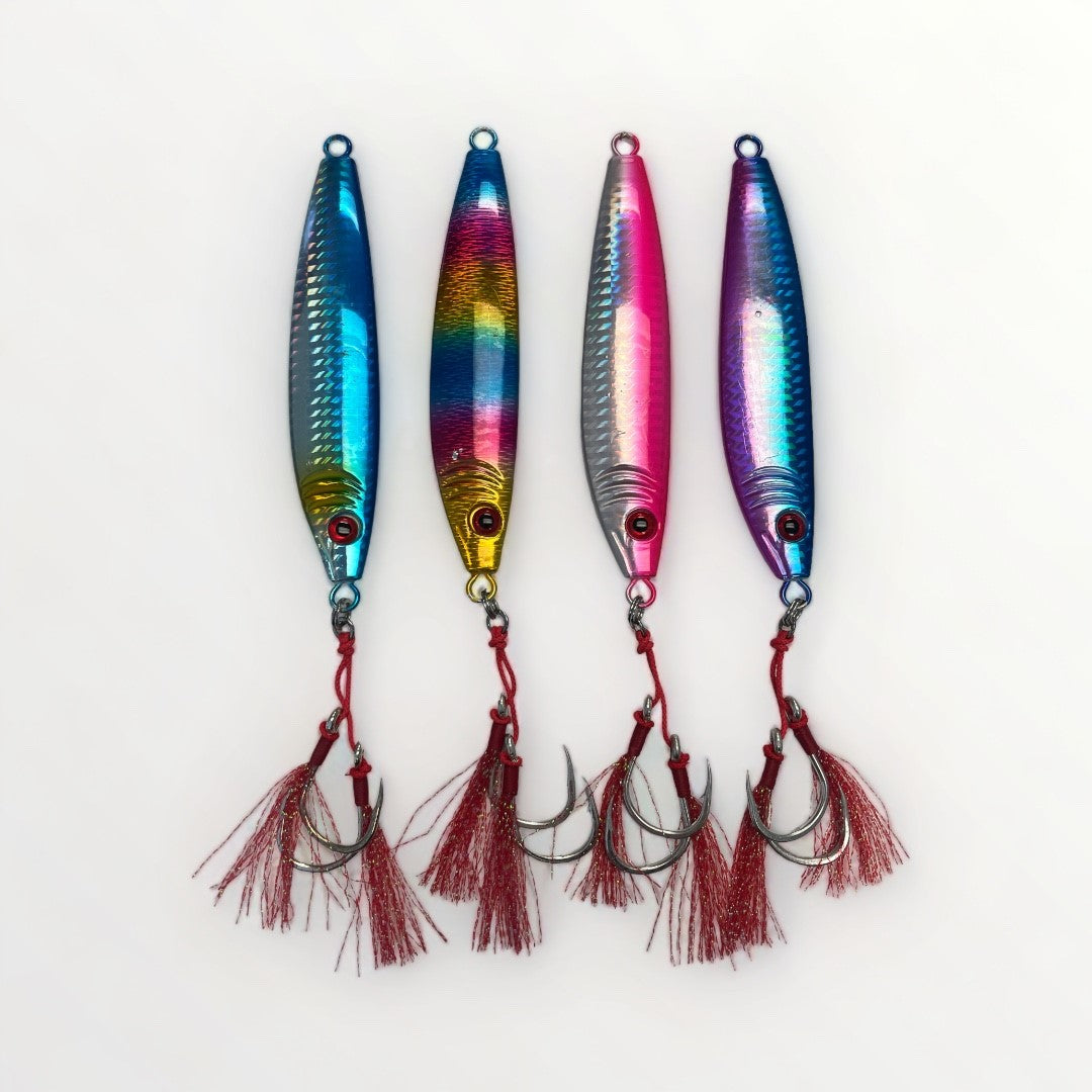 Vue de profil des 4 couleurs des jigs de pêche LUMINOUS SNAKE JIG 120 grammes.
