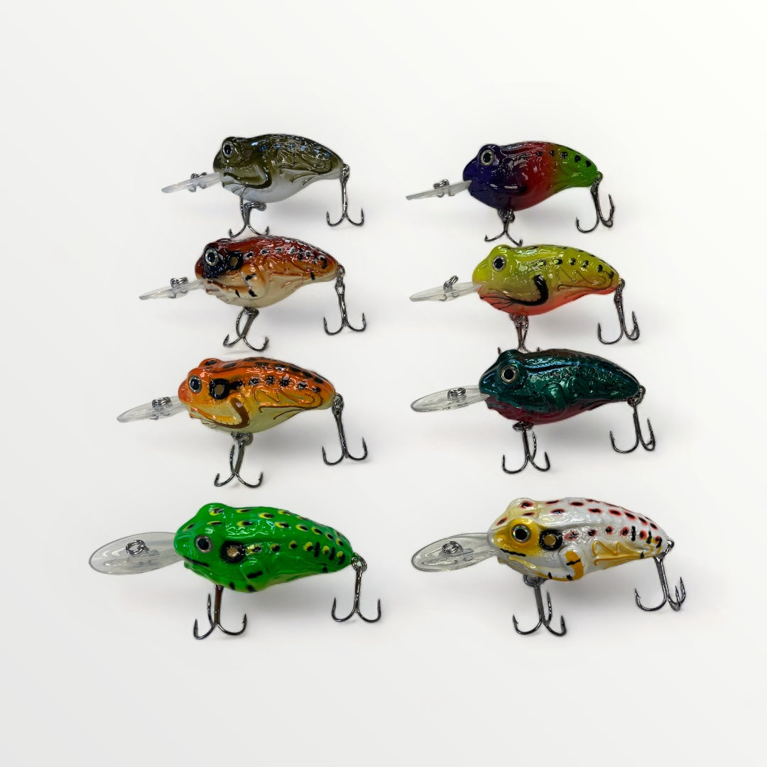 Ensemble des 8 couleurs disponibles des leurres grenouilles à LED intégré.